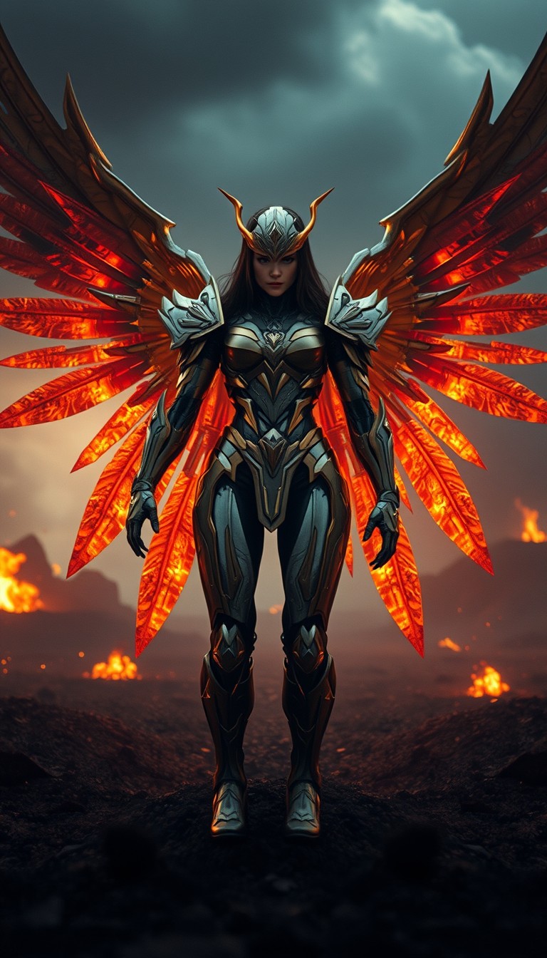 Cinematic shot of a cyborg female battle angel rising from ashes, golden regal Valkyrie armor, futuristic, standing on a battlefield, movie scene, film grain, realistic, shot from below, image for a flyer. - Image