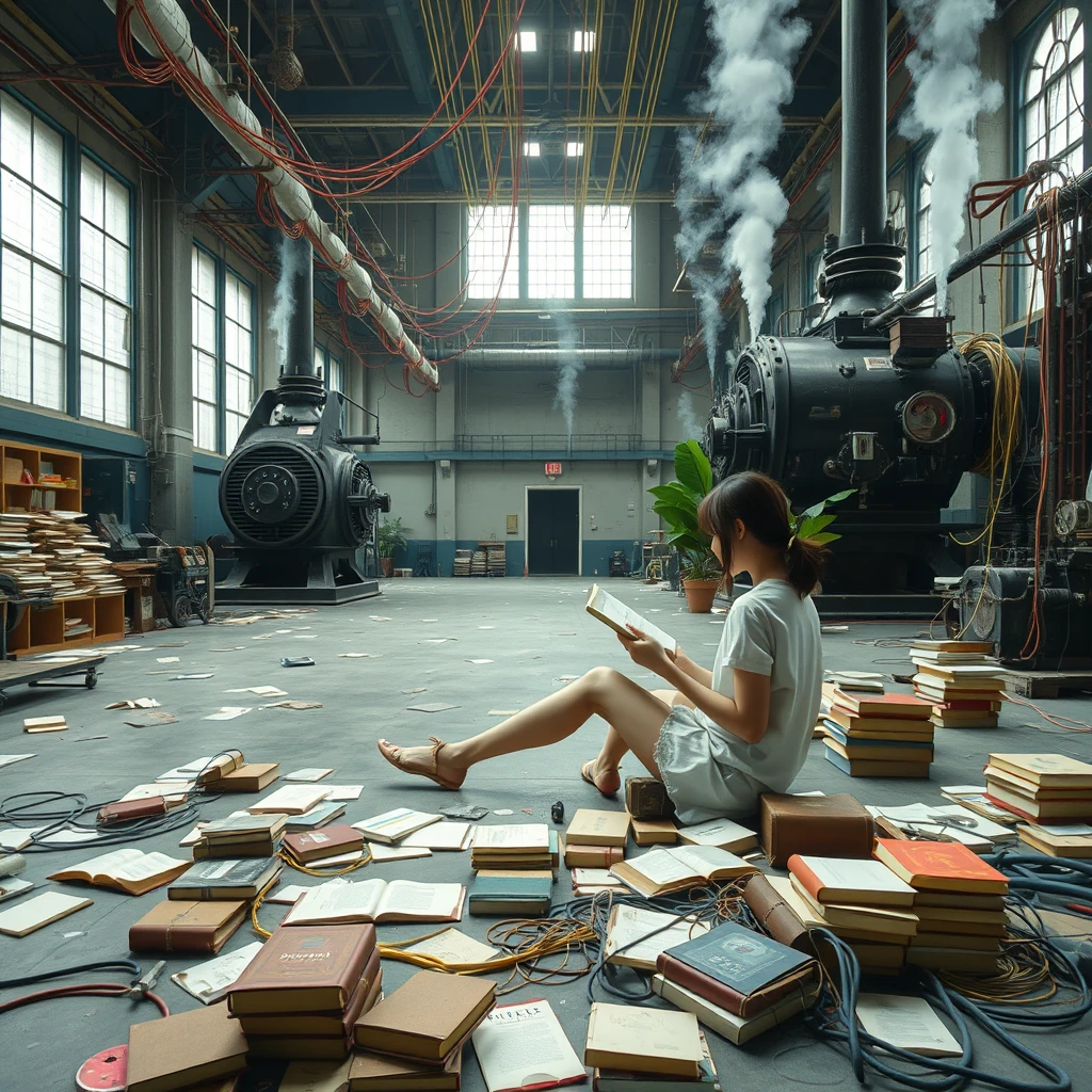 A real-life photograph, wide shot, of a Japanese female student sitting in the corner of a large hall, reading a book. The hall has some books scattered messily, and many wires of varying thicknesses are on the floor and in the air, including red, blue, yellow, and other colors. Additionally, there are some huge old machines emitting steam. The lighting is dim, and there are some huge plants. - Image