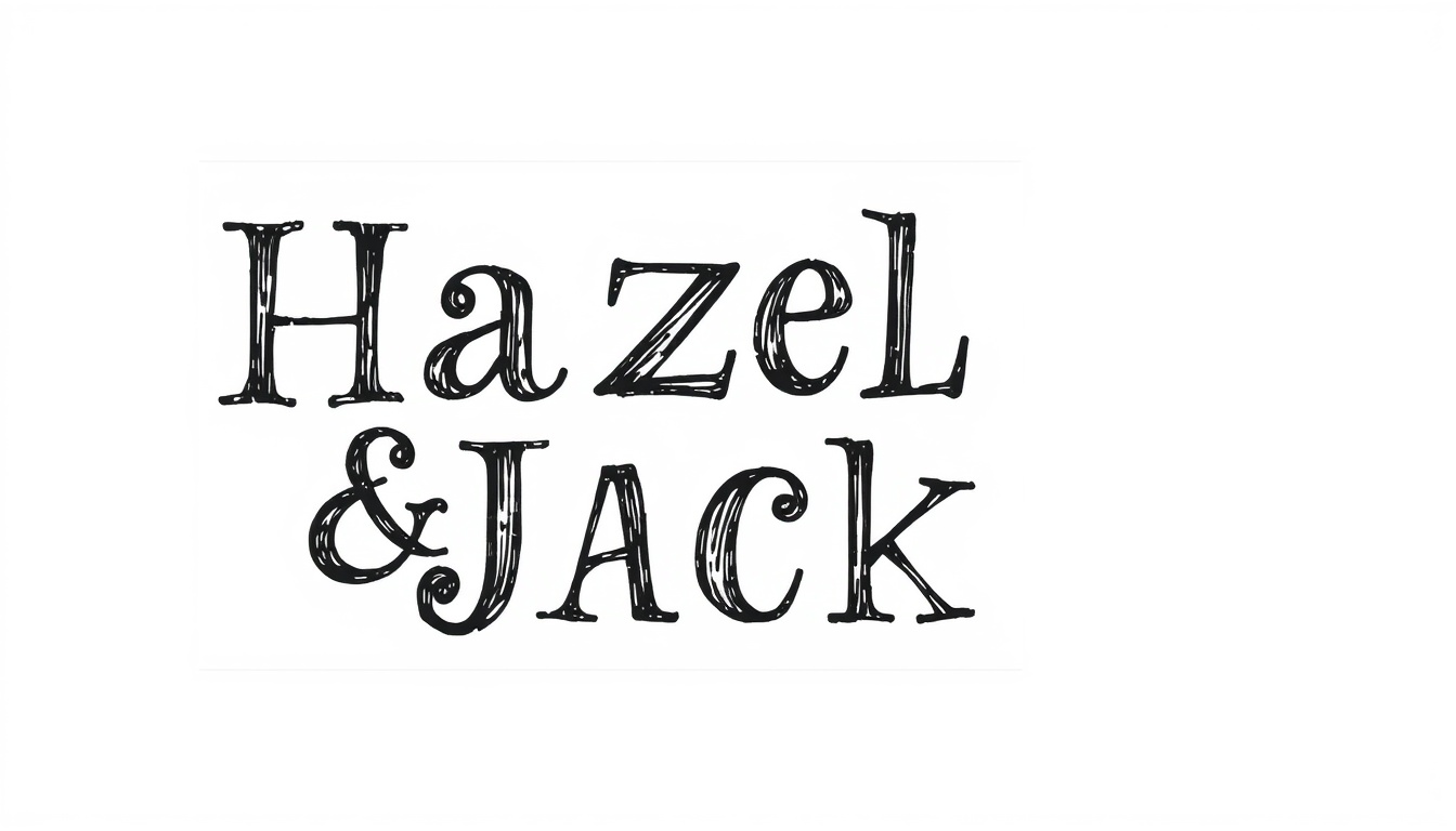 Vintage Whimsy: "Create a pen and ink composition featuring the words 'Hazel & Jack,' in a vintage-inspired black typeface. The lettering has a playful, whimsical touch, set against a clear white background, allowing the charm of the design to shine through without shadows."