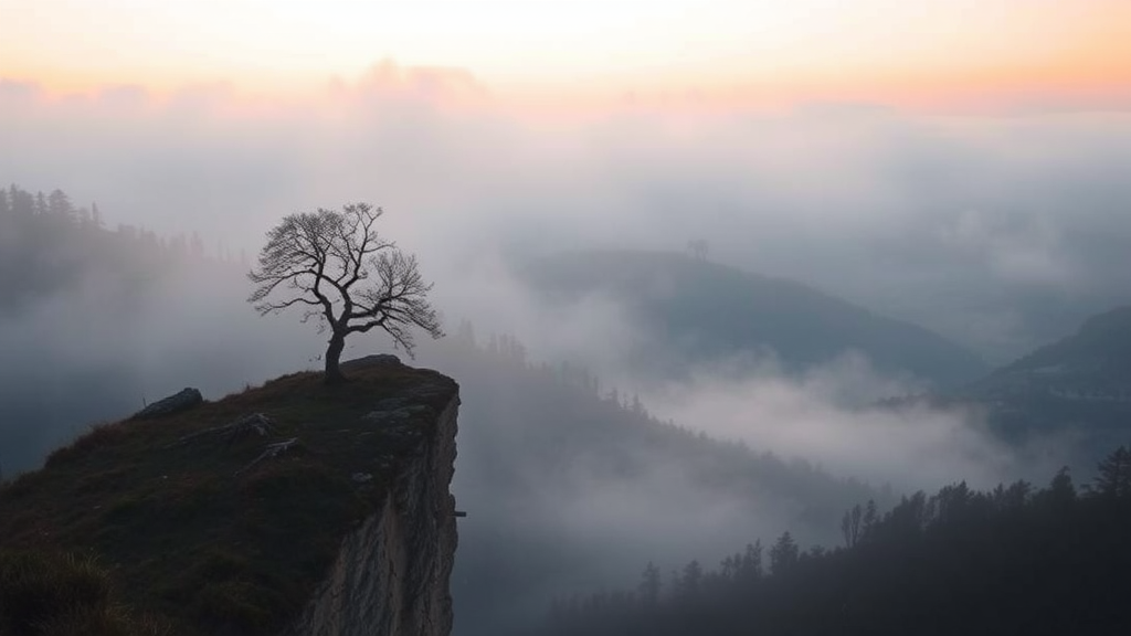 a lone tree on the edge of a cliff at sunrise in a foggy valley, by Ivan Grohar, a picture, art photography, misty mood, foggy landscape, dawn light, at sunrise, an amazing landscape image, award winning landscape photo - Image