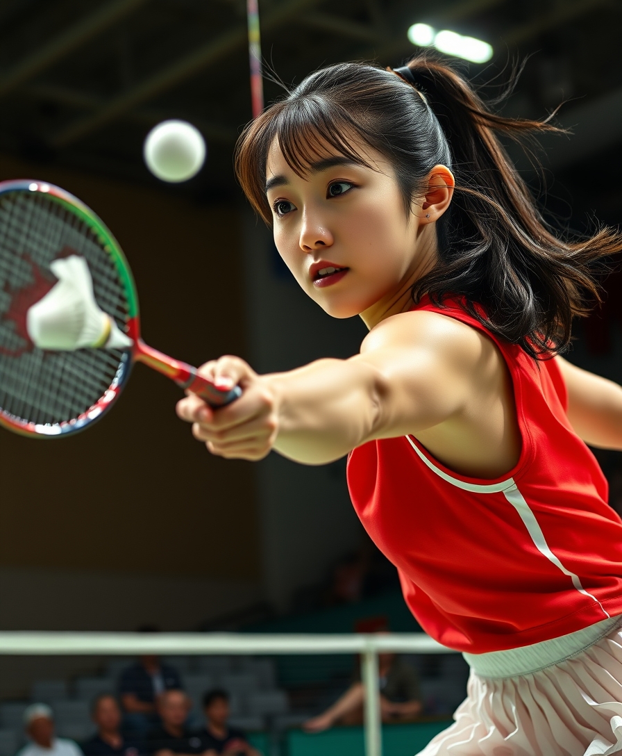 A detailed, realistic portrait of a young woman playing badminton in an indoor sports arena. The woman is wearing a bright red jersey and is mid-swing, her body in a dynamic, athletic pose as she focuses intently on the shuttlecock. The background is blurred, with glimpses of the court, net, and spectator stands visible. The lighting is natural and directional, creating shadows and highlights that accentuate the woman's features and muscular definition. The overall composition conveys a sense of energy, movement, and the intensity of the game. The image is highly detailed, with a photorealistic quality that captures the textures of the woman's clothing, skin, and the badminton equipment. 

A woman with a beautiful face like a Japanese idol, she is wearing a white pleated skirt. 

Badminton rackets and shuttlecocks with dynamic swings and motion blur. Depiction of the human body with a flawless personality. - Image