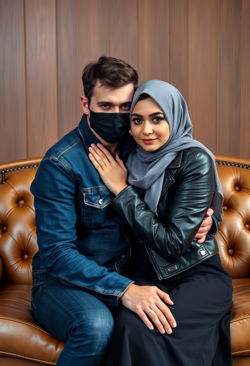 Jamie Dornan's head and body shot, handsome, black face mask, denim jacket, jeans, dating, loving couple, hug, with the biggest grey hijab Muslim girl, beautiful eyes, black face mask, black leather jacket, biggest skirt, hyper-realistic, studio photography, sitting on a classic leather sofa, wooden wall. - Image