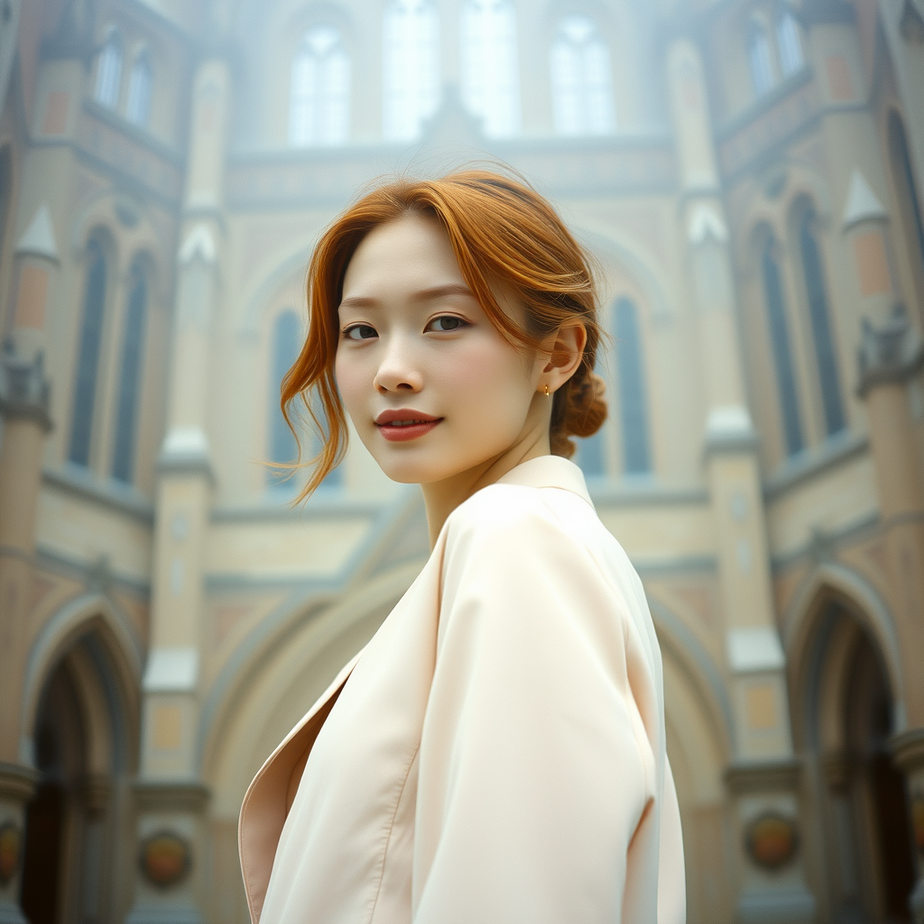 portrait of beautiful asian fashion model with pale red hair, ethereal dreamy foggy, photoshoot by Annie Leibovitz, editorial Fashion Magazine photoshoot, fashion poses, in front of gothic cathedral architecture. Kinfolk Magazine. Film Grain. a soft smile.