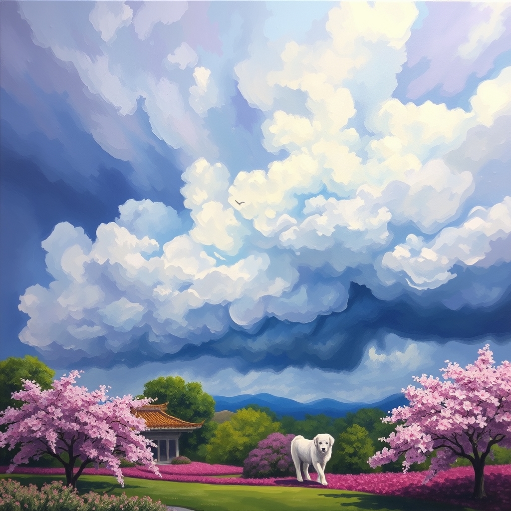 Oil painting of a sky, the sky is very detailed, a huge storm is brewing, purple vista, Sakura garden.