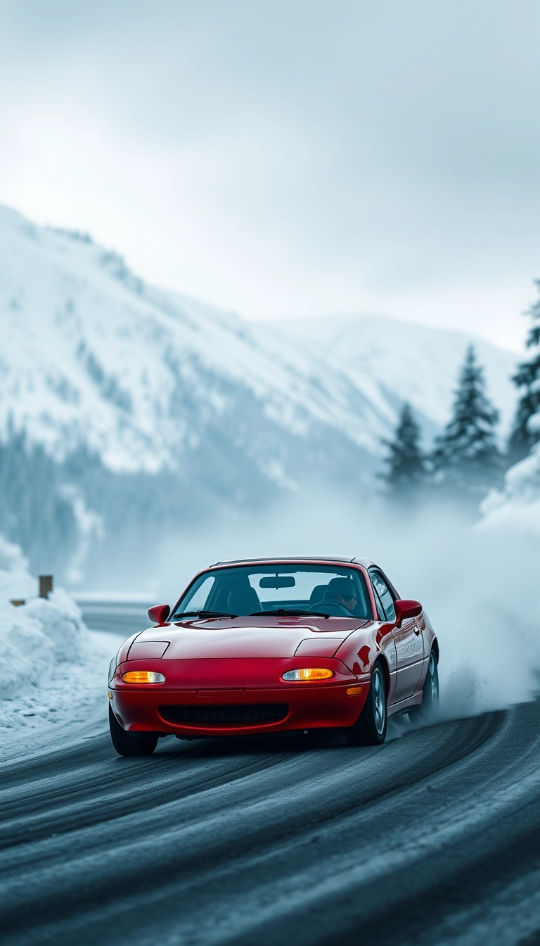 Create an image of a red 1991 Mazda MX-5 drifting on a snowy mountain road.