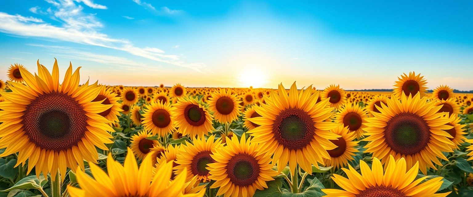 Vibrant, sunflower fields, golden blooms, high quality, photorealistic, summer, cheerful, idyllic, rural, panoramic, breathtaking, blue skies, windblown fields, sunset, floral arrangements.