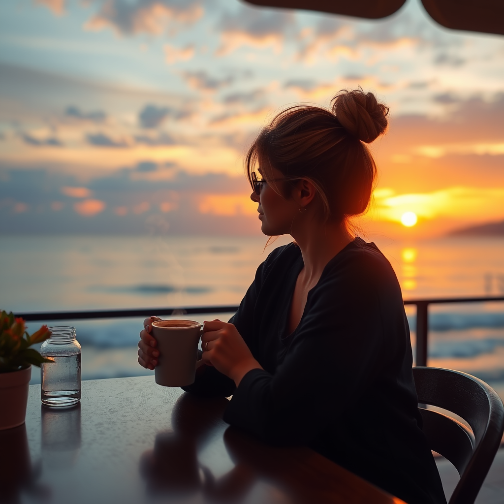 ☕ **Sunset Coffee**: "Woman at seaside café, aromatic coffee, watching sunset, sea and sky merging, tranquility, photorealistic style" - Image