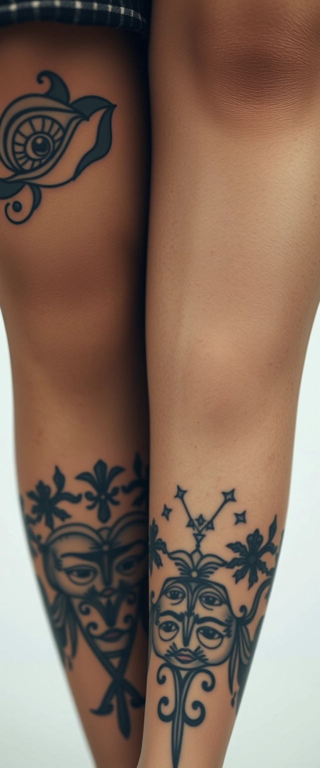 Close-up shot of the legs of two fair-skinned beautiful Indian-Korean women with lovely facial features and gray mesmerizing eyes, both having their whole bodies heavily tattooed and expressions of crying faces. - Image