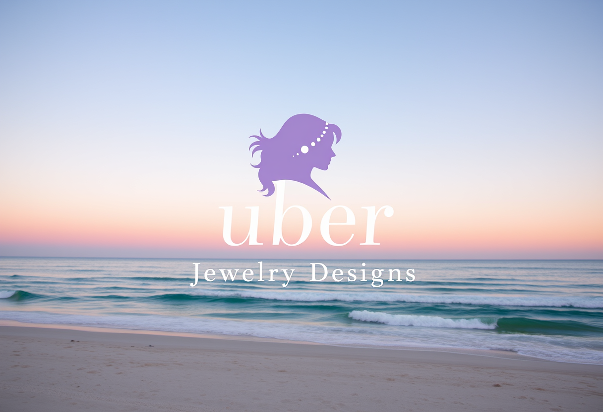 1. **Pastel-themed logo photo** of Uber Jewelry Designs, featuring a female silhouette in soft lavender and mint colors, text in minimalist serif font, set against a pastel-colored beach setting, softly lit with a dawn-like quality, straight-on camera angle, high-resolution. - Image