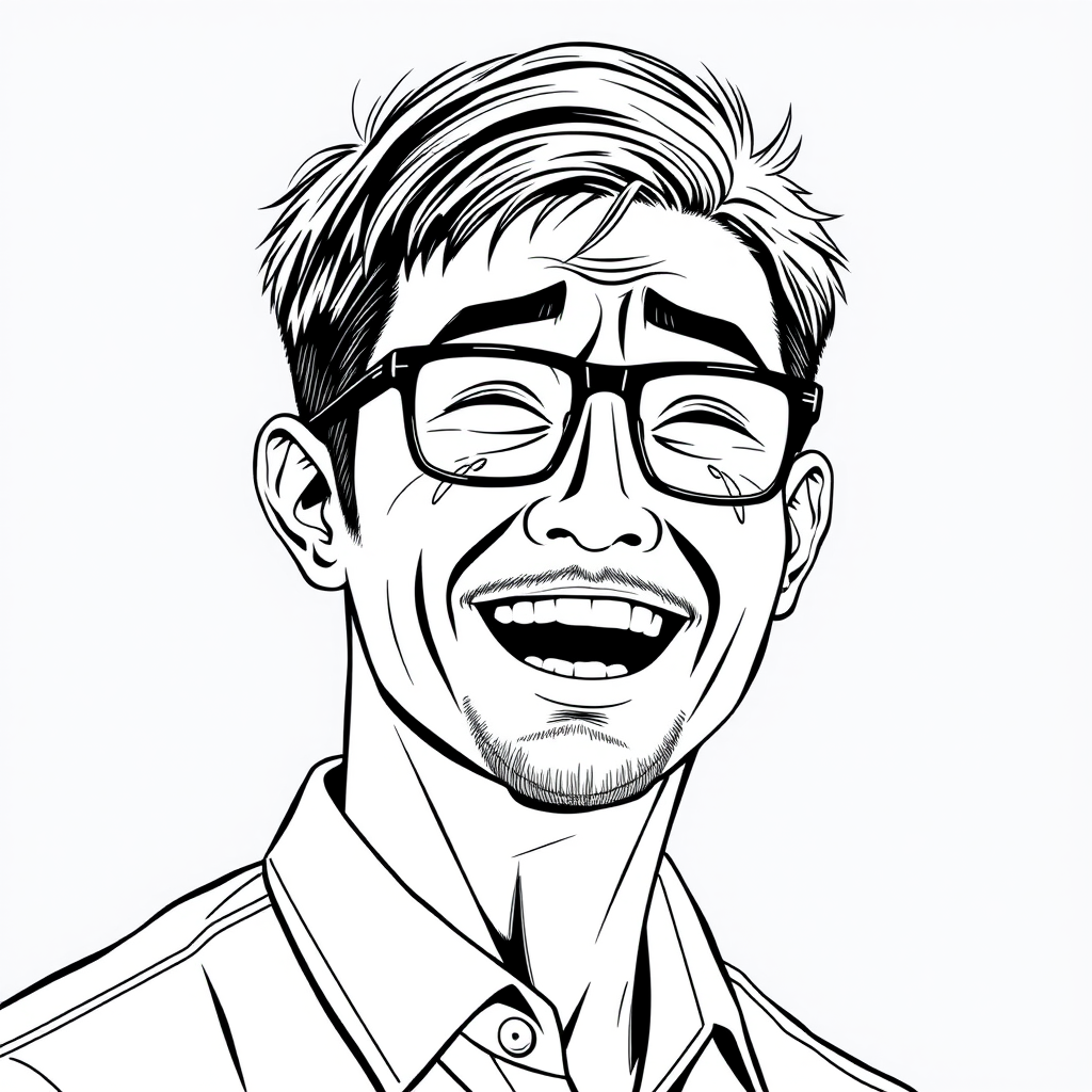 A cool black and white line drawing of a 35-year-old man’s head, short hair, Asian, with black-framed glasses for nearsightedness, a slightly short beard on his chin, wearing a shirt, with a full face that has contour, a strong build, clean and fresh skin, crying tears of joy and laughing heartily after winning.