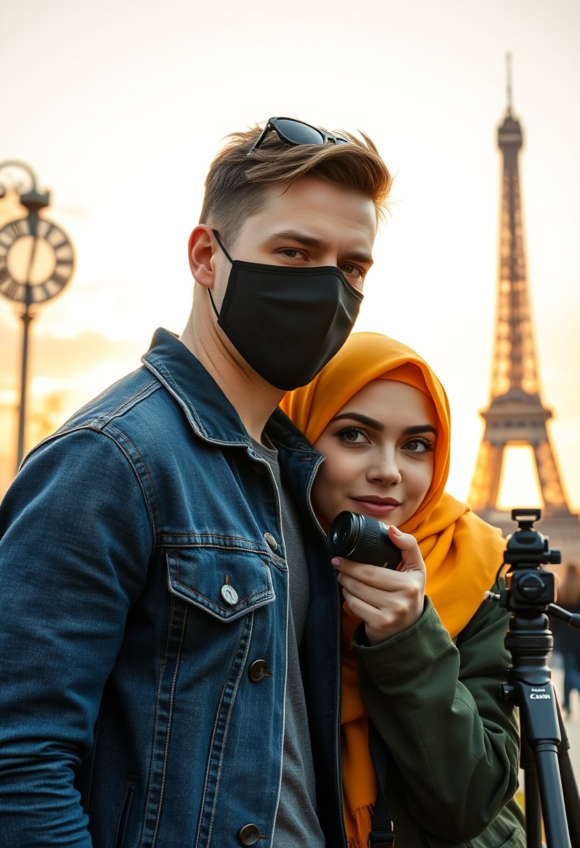 Jamie Dornan's head and body shot, handsome, face mask black, blue jeans jacket, dating with the biggest hijab yellow Muslim girl, beautiful eyes, face mask black, green army leather jacket pattern, biggest skirt, camera DSLR Canon, tripod, taking photos of the Eiffel Tower, sunrise, morning scenery, hyper-realistic, street photography.