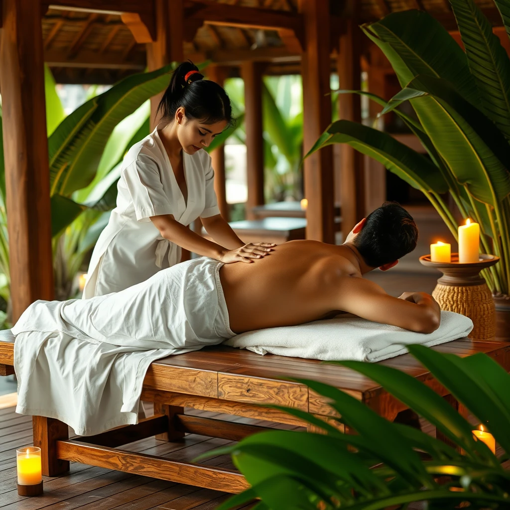 Create an image of a serene Kerala spa scene. A Kerala lady in a simple spa uniform gently massages a Kerala man lying on a wooden table, with his face turned away. The man wears a white dhoti. The scene is surrounded by banana leaves, coconut trees, and soft candlelight, set against a backdrop of traditional Kerala architecture with wooden pillars and a thatched roof. The lighting is warm and soft, enhancing the peaceful and authentic atmosphere.