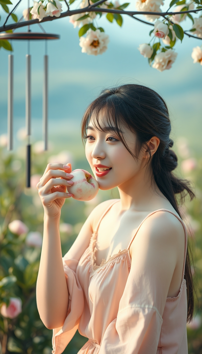 "Summer landscape of Japan  
A beautiful woman deliciously eating a white peach, wind chimes, camisole, Japanese idol,  
nostalgic, photorealistic, RAW, HD, 8K."