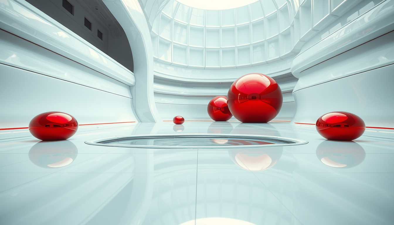 An eye-level, wide-angle shot of a fantasy, futuristic, and alien architectural square that features horizontally and vertically curved structures covered in white metallic reflective material. In the background, there are a few spherical red objects with reflective, metallic surface that resemble large, smooth capsules. These objects are positioned on a sleek, ultra white shiny floor that reflects their surfaces. The focus is the sleek horizontally and vertically curved architecture covered in white metallic reflective material and a water feature. The mood is serene and cool, bursting with futuristic creativity. - Image