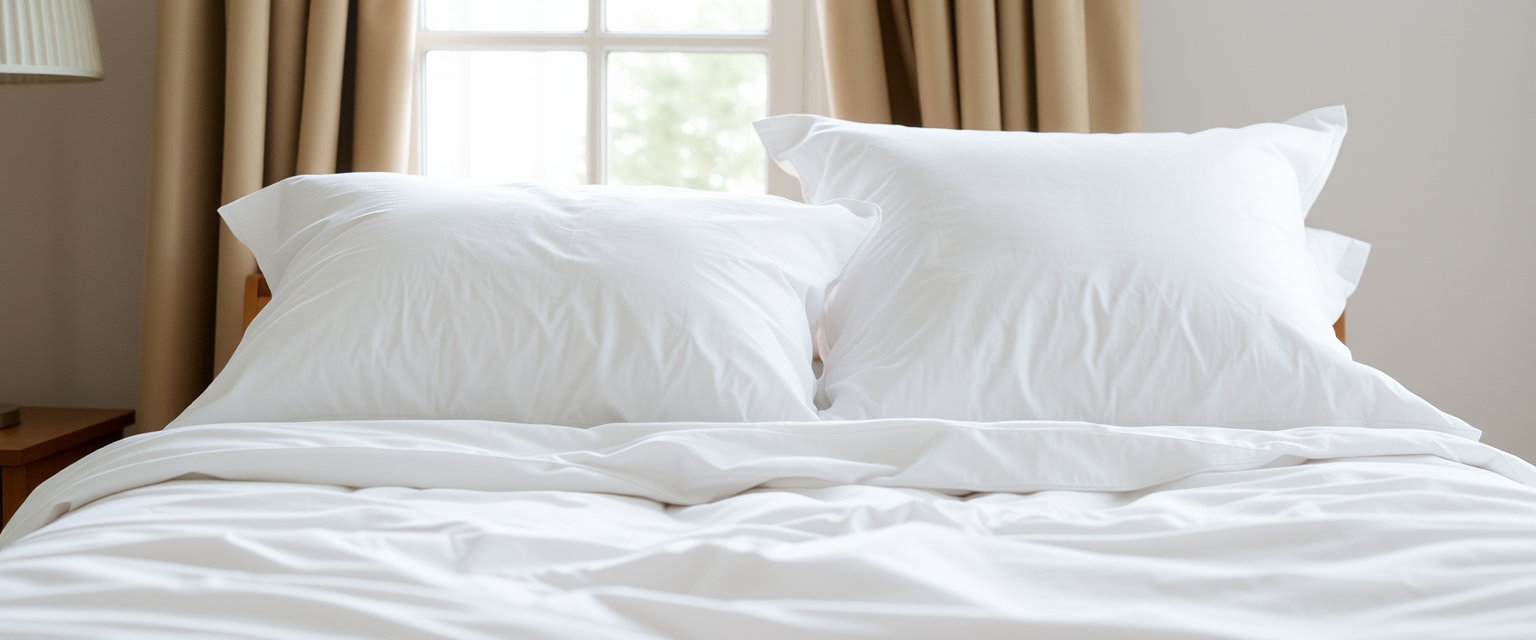 A bed with white sheets and pillows in front of a window.