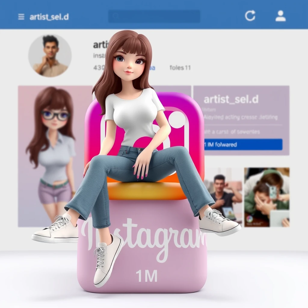 Create a 3D illustration of an animated character casually sitting on the social media logo "Instagram." Pretty woman characters must wear casual suit clothing, such as t-shirts and sneakers. The background of the image is a social media profile page with the username "artist_sel.d" with 1M followers and a profile picture that matches the animated character. Make sure the text is not misspelled.