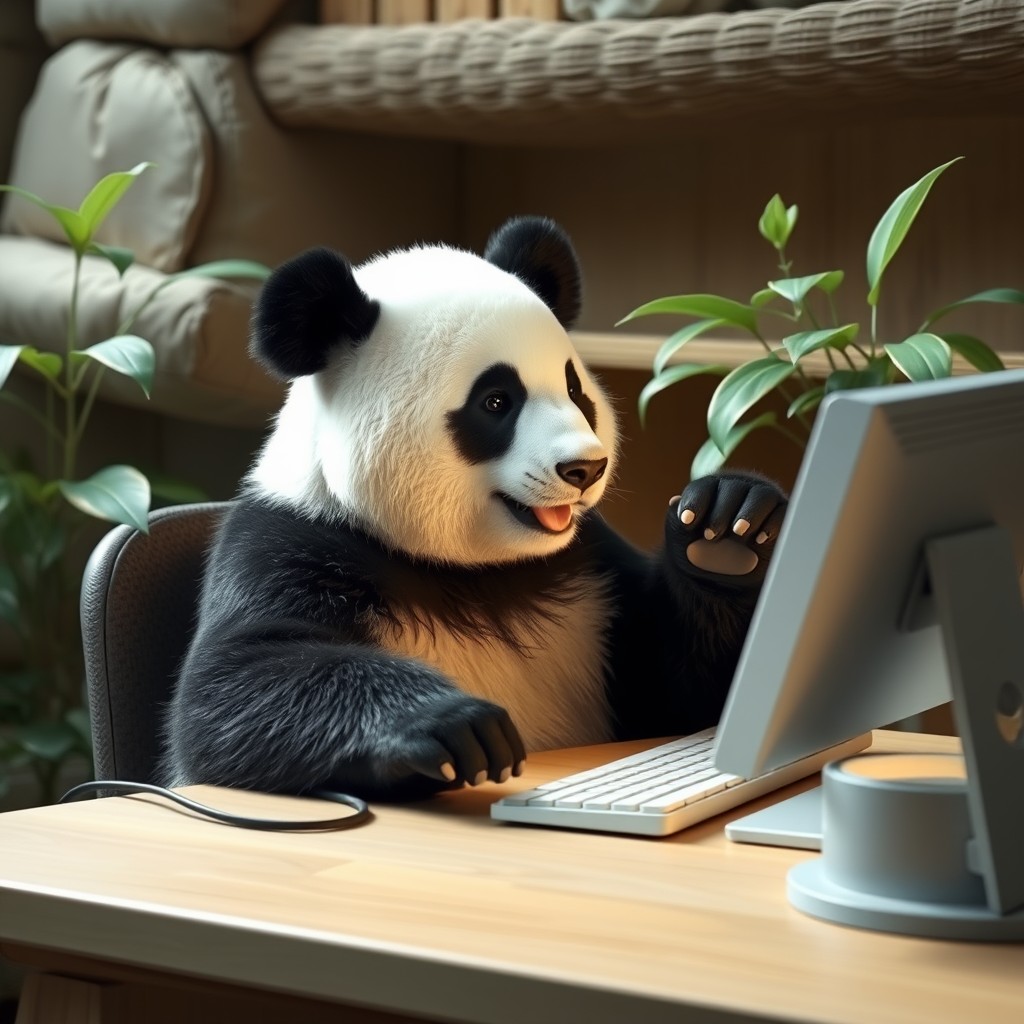 Panda playing computer - Image