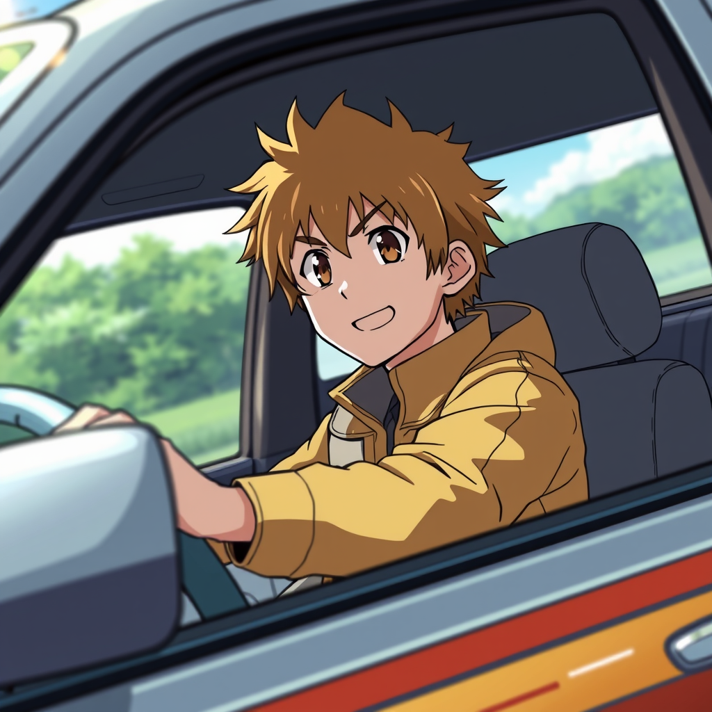 anime guy in flying car - Image