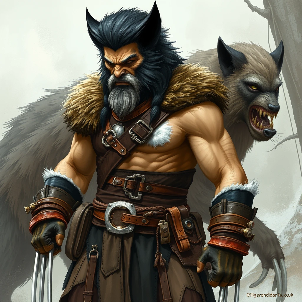 Dungeons & Dragons barbarian, clad in few belts of leather adorned with fur and tribal patterns. The color scheme and outfit are a medieval version of Wolverine from X-Men but redesigned to resemble an actual wolverine. A light-silvery facial mask is distinct in some individuals, and a pale buff stripe runs laterally from the shoulders along the side and crossing the rump, with prominent white hair patches on the chest. The style is reminiscent of classic fantasy illustrations, with a touch of realism, showcasing the intricate textures and the wild nature of the scene.