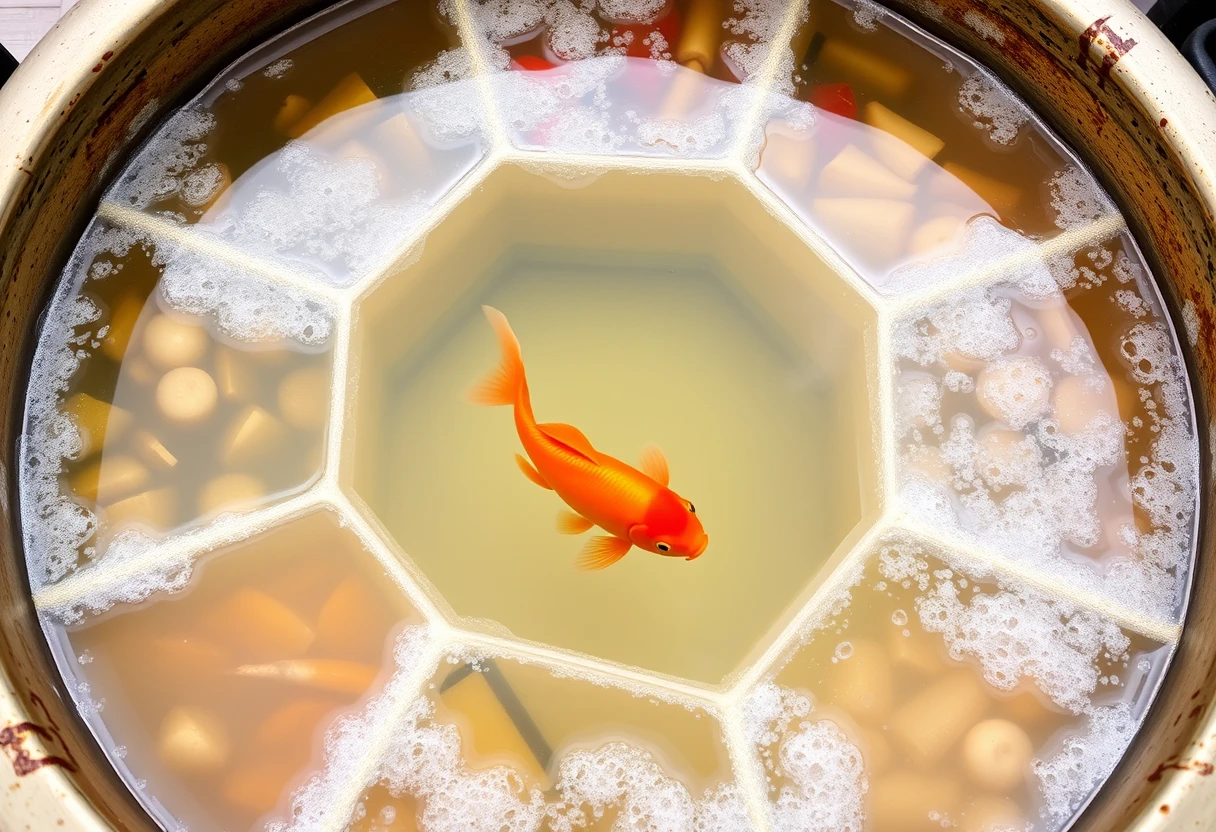 A large round nine-grid hot pot, each section of which is a different color, with water boiling and bubbling inside, cooking various ingredients. Only the center section has clear water, where two goldfish, one red and one yellow, swim around. The view is at a 45-degree angle from the upper diagonal.