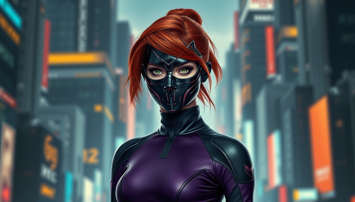 I used Flux AI Image Generator to create this image of a woman with red hair and green eyes wearing a black metallic mask. She's wearing a skintight black and purple spandex suit. The suit has a high collar and long sleeves. She's standing perfectly straight. The background is a futuristic city. I love this image; it's like something out of a fantasy movie. - Image