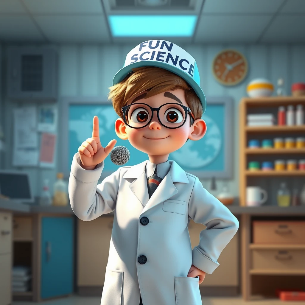 A 12-year-old cute boy in a science lab wearing a lab coat and a hat that says 'FUN SCIENCE,' striking a pose as if he is singing with a microphone in his hand, in a Pixar animation style. - Image