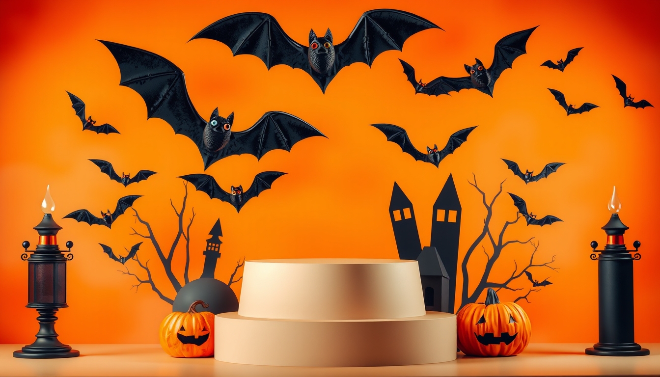 Creative Halloween composition with bats, podium and orange background. Suitable for Product Display and Business Concept.