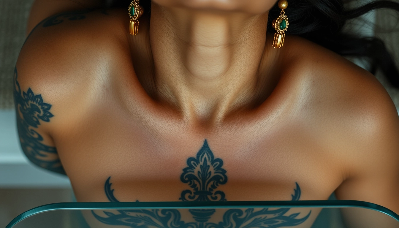 Close-up view of the tattooed chest of a fair-skinned Korean-Indian woman with beautiful facial features and blue eyes, wearing gold ornaments, looking upwards while lying down on a glass table.