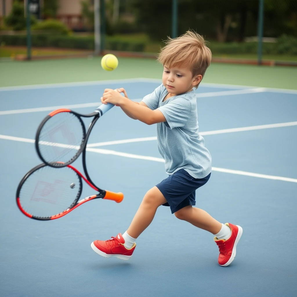 a 10-year-old boy playing tennis