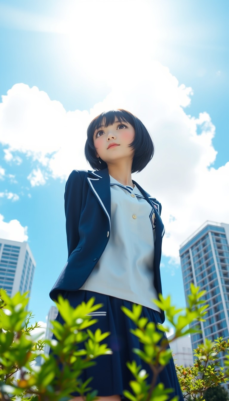 A Japanese high school girl with short black bob hair, wearing a traditional Japanese school uniform consisting of a white blouse, a navy blue skirt, and a navy blue blazer with a school emblem. She is standing outdoors under a bright blue sky with large, fluffy white clouds. The background includes a cityscape with modern high-rise buildings. The composition captures her from a low angle, emphasizing the vast sky and clouds behind her. The sun is visible in the upper left corner, creating a strong lens flare effect. The girl is looking up and slightly to the side with a serene expression. She is not holding anything above her head. The lighting is bright and creates high contrast, typical of a sunny summer day. Some green foliage is visible in the foreground, likely from trees or bushes. The overall scene has a crisp, clean aesthetic with vivid colors, capturing the essence of a bright, clear day in an urban environment. - Image