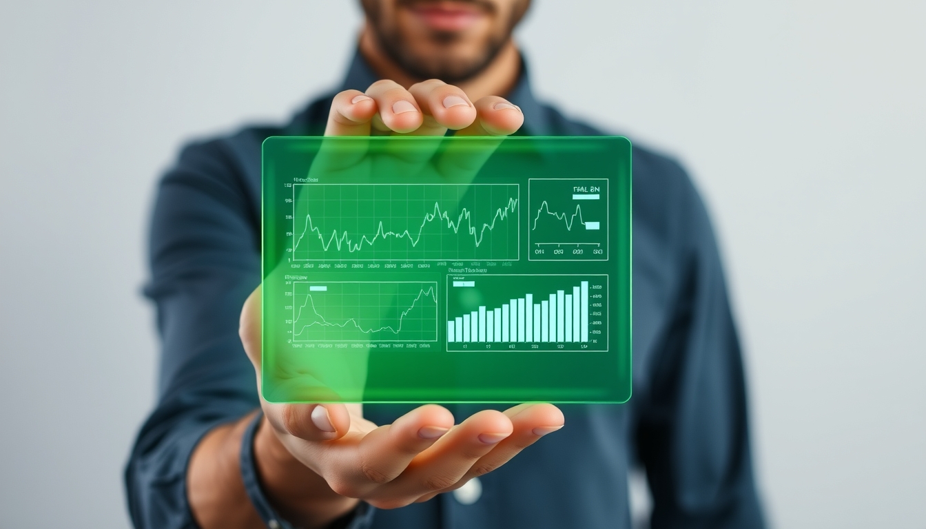 A person is holding a hologram with a green screen displaying graphs.