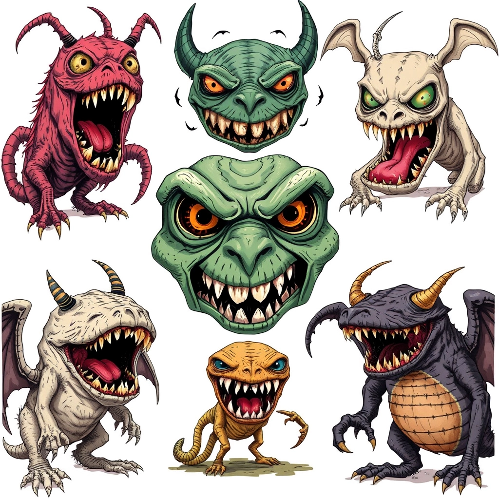 Collage of different crazy weird terrible creatures illustrations.