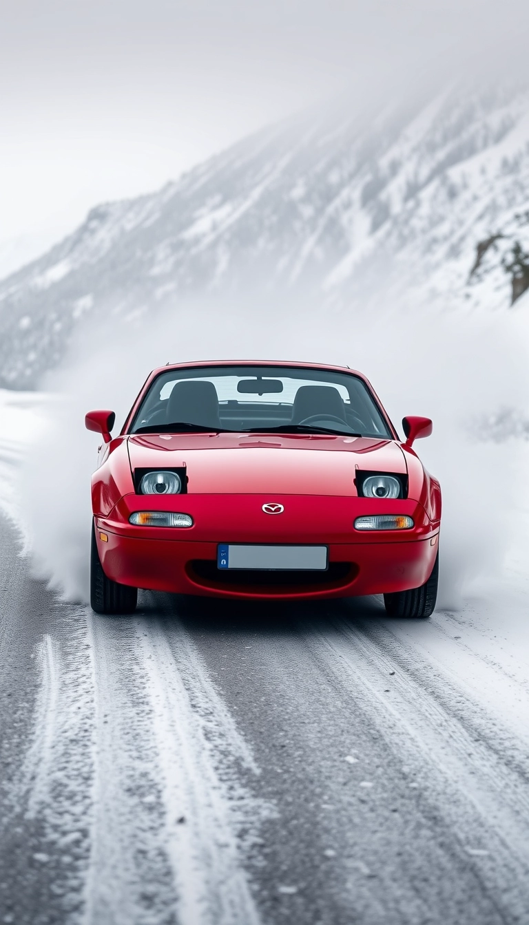 Create an image of a red 1991 Mazda mx5 drifting on a snowy mountain road. Remove the number plate of the car.