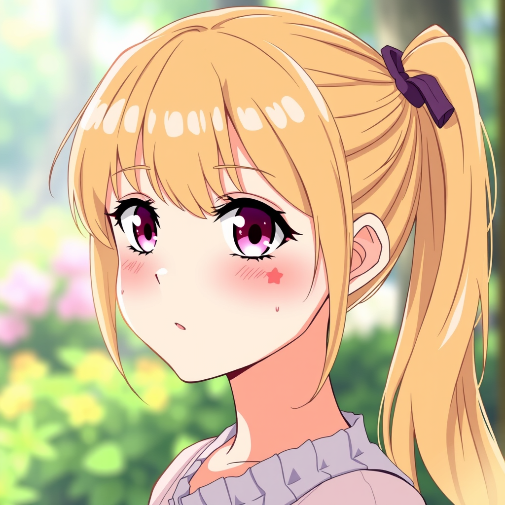 A beautiful young girl of average height with blonde hair that she ties in a side ponytail (very similar to how her late mother Ai Hoshino did) and has pink-ruby colored eyes with a six-star mark on her left eye, like her late mother. Anime style.