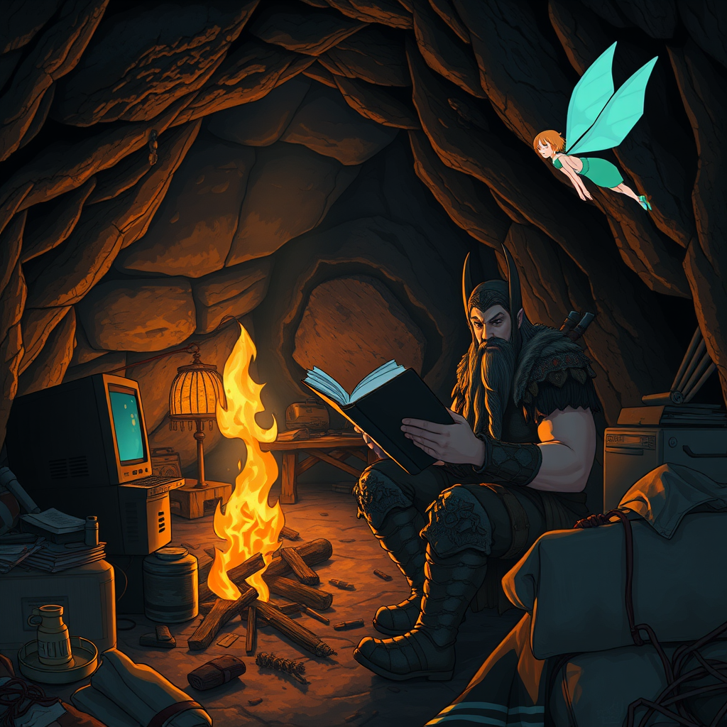 Real-life photography: At night, in the cave, there is a barbarian reading a book. The cave is very large, with a bonfire, a 90s desktop computer, and some messy household items. A fairy resembling a Japanese schoolgirl is flying beside him. Note that it features real people and a realistic style. - Image