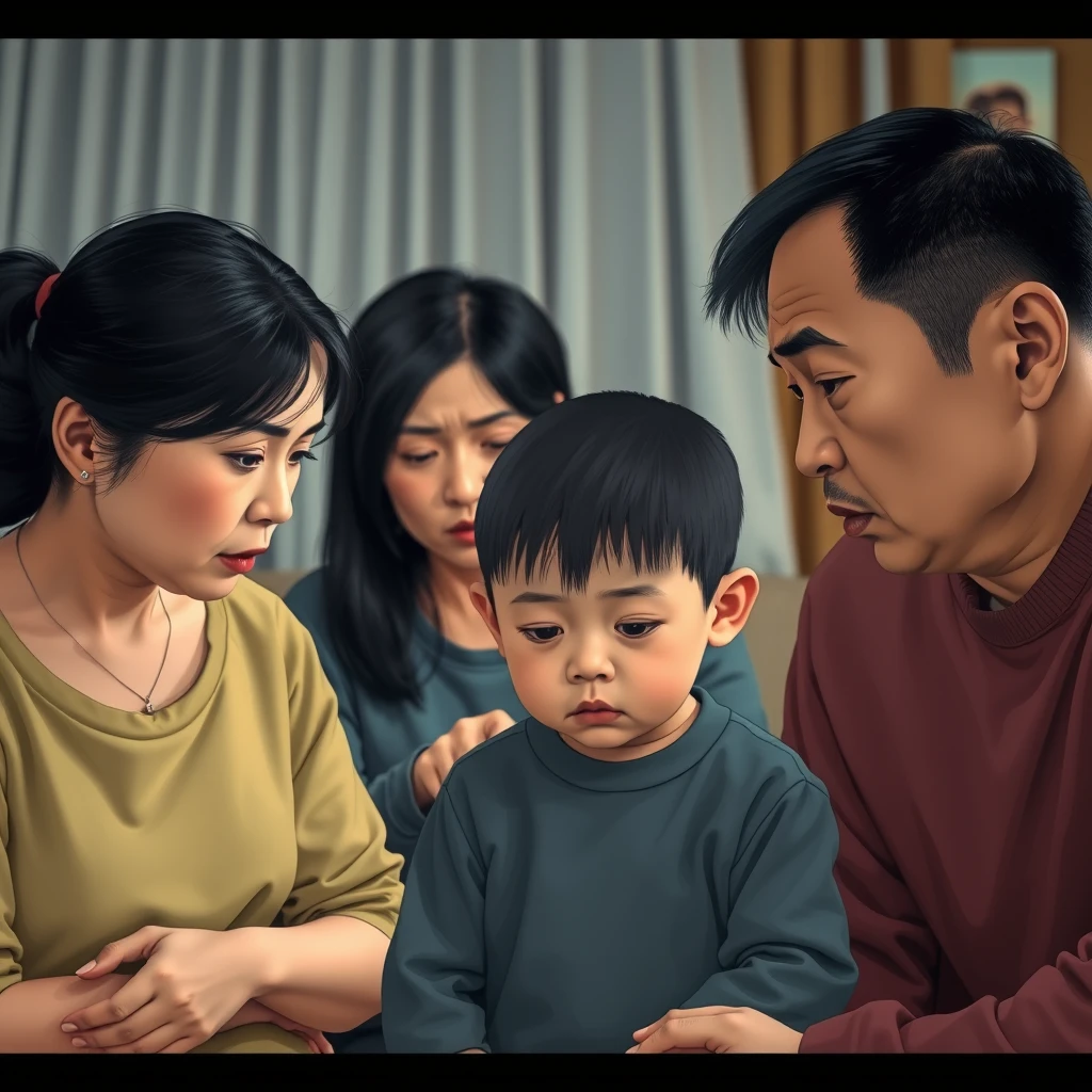 East Asian family, family members with repressed expressions, living room setting, parents scolding child, child looking down silently, tense family atmosphere.