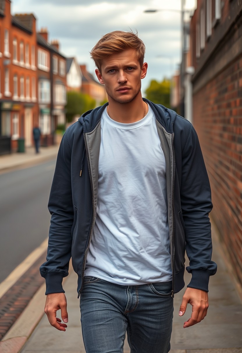 Jamie Dornan head and body shot, handsome, young, serious face, brown-haired, white T-shirt, collage jacket, skinny jeans, sneakers, walking hot style, near town road, hyper-realistic, street photography, brick wall, full body photo.