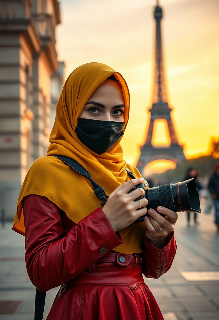 Biggest hijab yellow Muslim girl, beautiful eyes, face mask black, red leather jacket, biggest skirt, holding camera DSLR Canon, sunrise, morning scenery, Eiffel Tower, hyper realistic, street photography. - Image