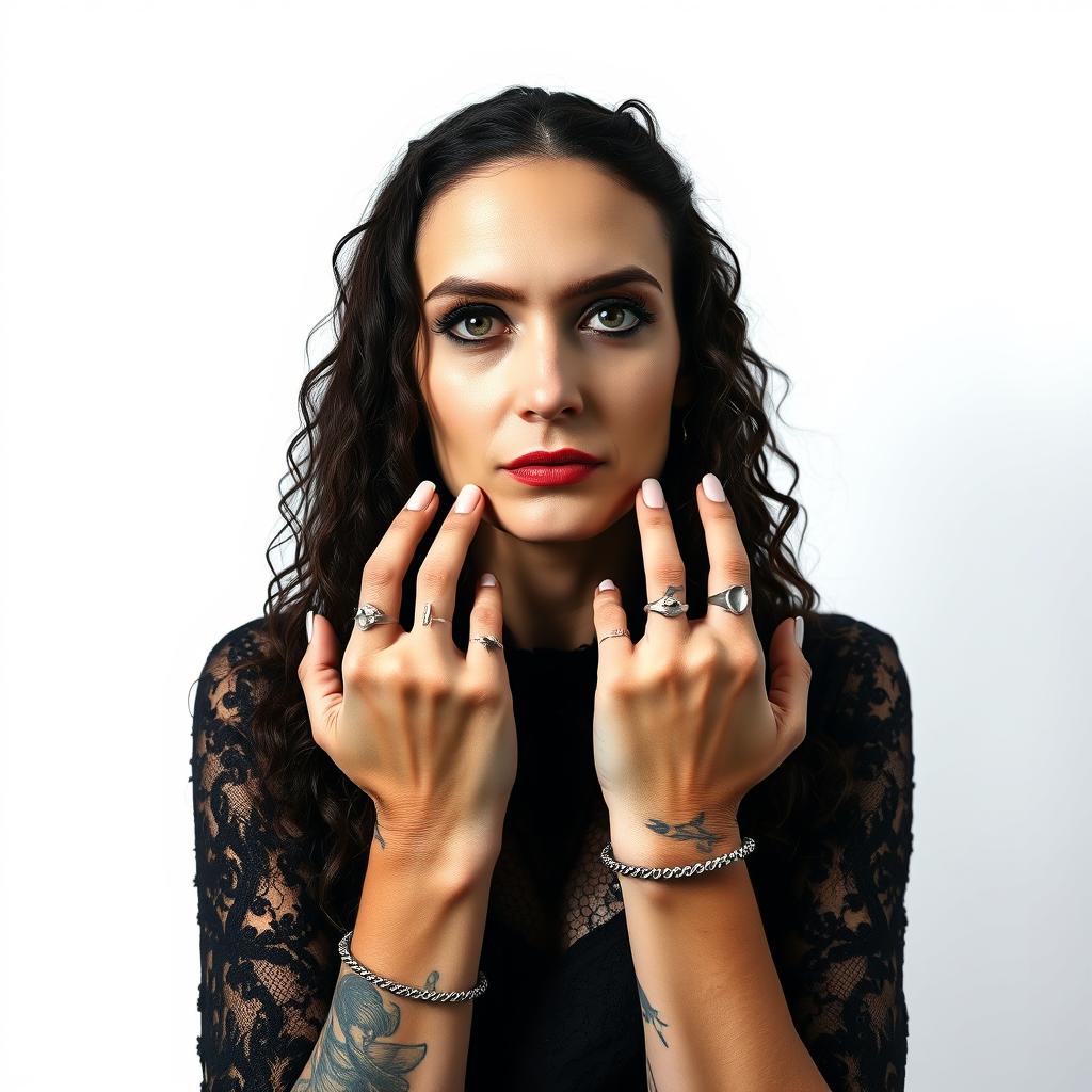 Portrait of a witch, a woman with long, dark curly hair, many tattoos, silver rings, silver bracelets. She is looking directly into the camera, wearing a black lace dress, against a white background. She is not happy, shot by Annie Leibowitz. Photo realistic. Full frame.