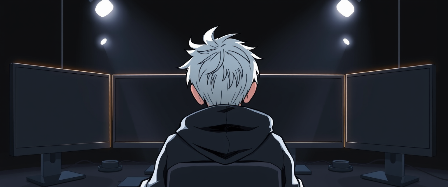 Image resembling a drawing of a boy with white hair and a black hoodie in a gamer setup with spotlights in front, looking at two monitors with black screens in a black room with few white neon lights. - Image