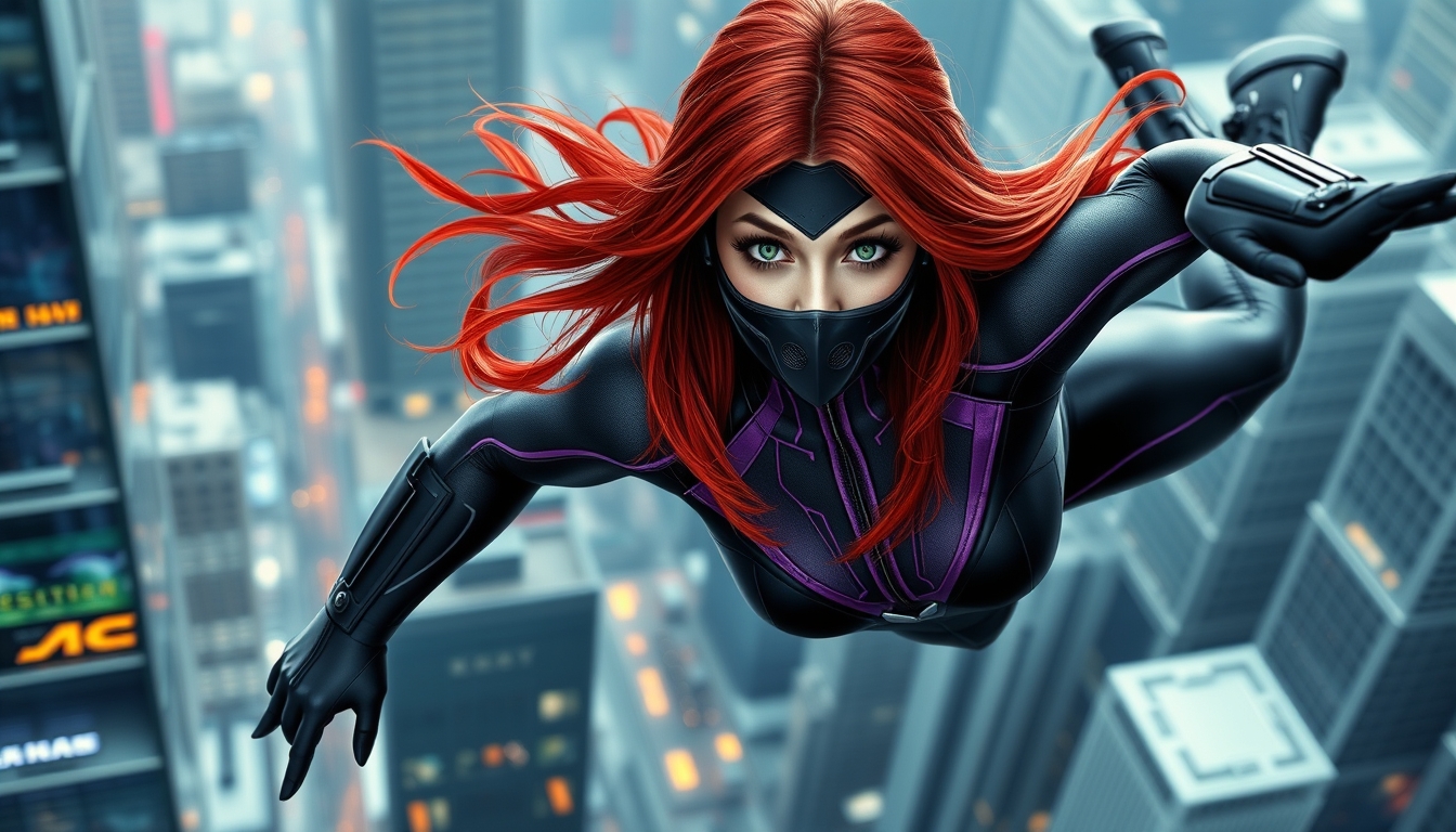 I used Flux AI Image Generator to create this image of a woman with red hair and green eyes. She's wearing a skin-tight black and purple spandex suit. The suit has a high collar and long sleeves. She's wearing a black metallic mask and gliding through the air. We can see every detail of her outfit from head to toe, including her boots. The background is a futuristic city. I love this image; it's like something out of a fantasy movie. - Image