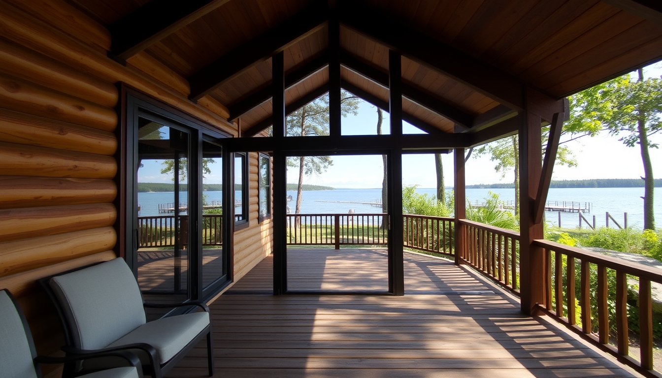 A serene lakeside cabin with a glass front, offering an unobstructed view of the water.