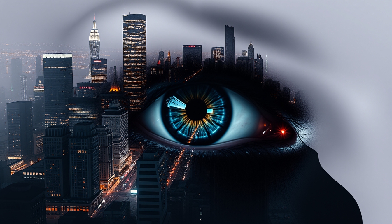 Stunning image of a woman's eye, fused with an abstract, vibrant city silhouette at night, with city lights sparkling on high-rise skyscrapers and bustling streets; iris dilated. The eye is surrounded by a strong white void that creates a striking contrast and adds depth and intensity to the overall picture, hyperrealistic, digital, structured, surreal, gloomy and mysterious. - Image