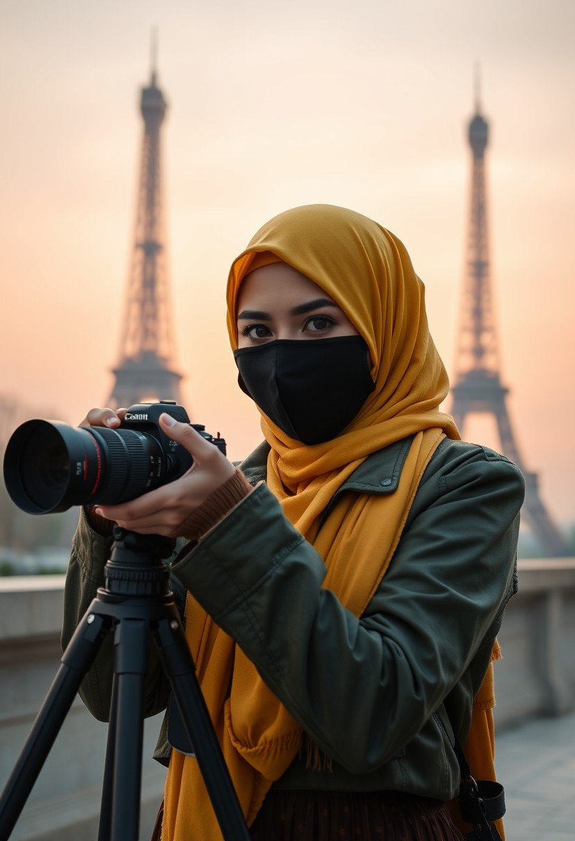 Biggest hijab yellow Muslim girl, beautiful eyes, face mask black, green army leather jacket pattern, biggest skirt, camera dslr canon, tripod, taking photos of Eiffel Tower, sunrise, morning scenery, hyper realistic, street photography. - Image