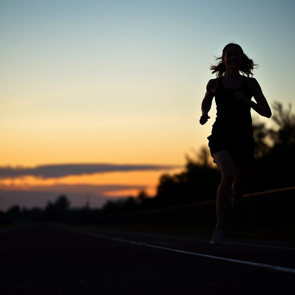 A silhouette of a woman running on a track at dusk, feeling the freedom and health. - Image