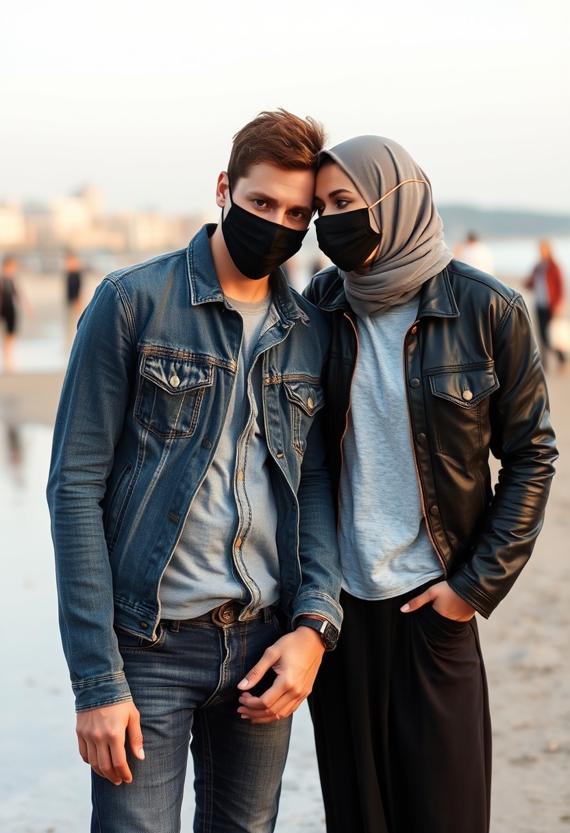 Jamie Dornan's head and body shot, handsome, black face mask, denim jacket, jeans, dating, love couple, joking, with the biggest grey hijab Muslim girl, black face mask, beautiful eyes, black leather jacket, largest skirt, at the beach, hyper-realistic, street photography.