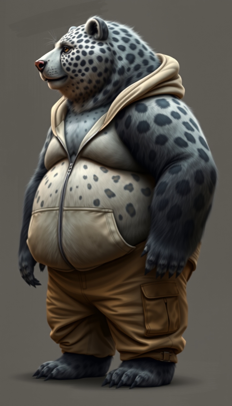 quarter view, Anthropomorphic obese gray bear leopard hybrid, blended features. gray and black fur with tan and white fur markings. he has a heavyset body. wide fat bottom. Fat wide double chins. tan cargo pants and zip up hoodie. full body. uncropped. fluffy fur. abstract background digital art, semi-realistic. - Image