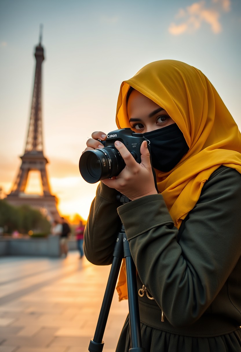 Biggest hijab yellow Muslim girl, beautiful eyes, face mask black, green army leather jacket pattern, biggest skirt, camera dslr canon, tripod, taking photos of Eiffel Tower, sunrise, morning scenery, hyper realistic, street photography.