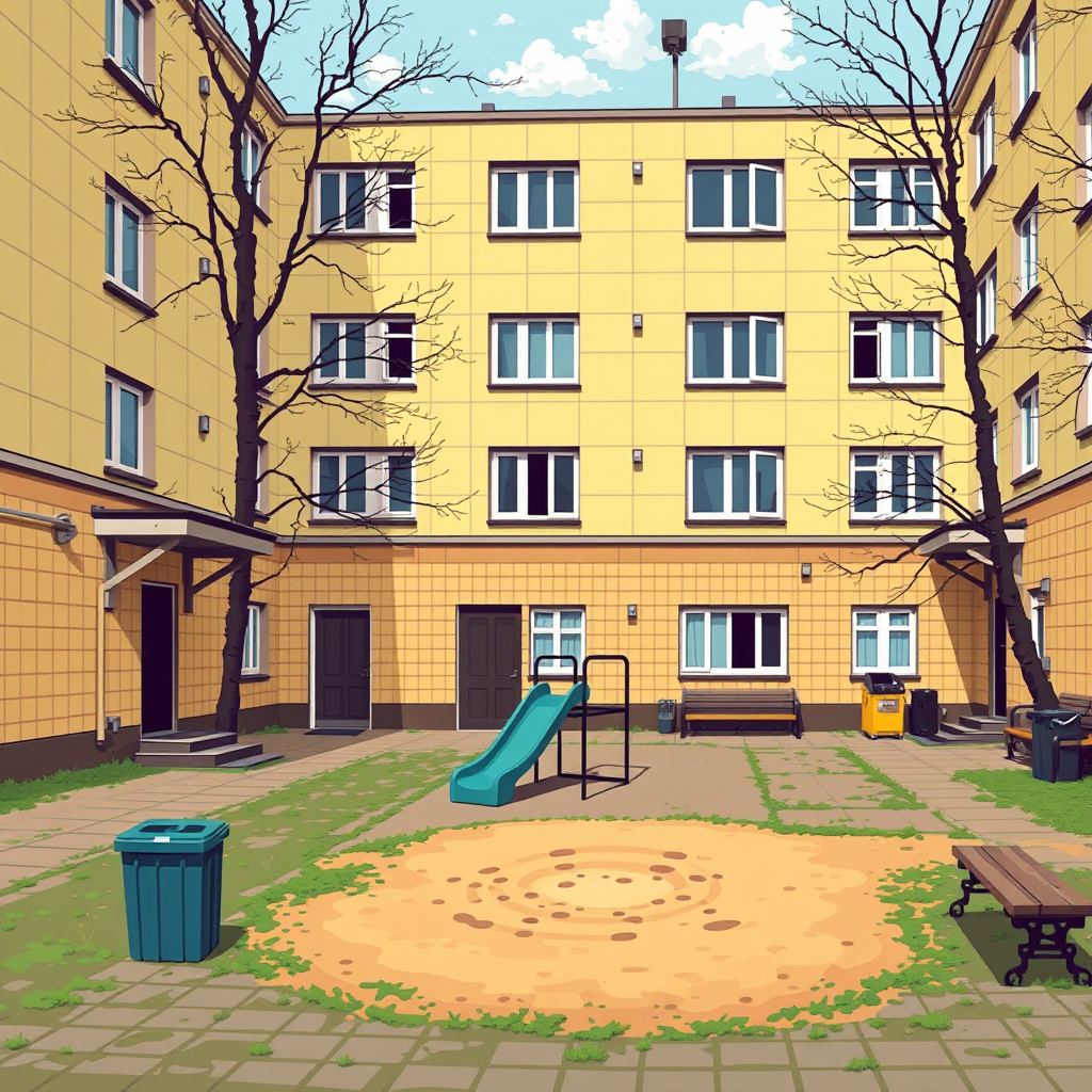 In Pixel art style old Soviet courtyard, in the background a yellow paneled five-story building with five entrances, in the foreground a sandbox, a children's slide, garbage cans and benches by the entrances.