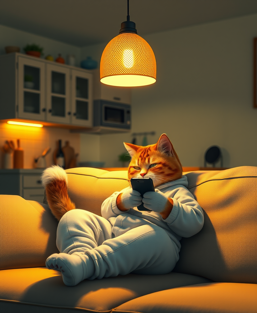 A delightful realistic photo showing a charming anthropomorphic cat dressed in cozy pajamas and lounging on a soft sofa in a dimly lit room. A cat with a fluffy tail and expressive eyes stares intently at his smartphone, immersed in digital content. The warm golden light of the pendant lamp creates a soft glow, creating a cozy and relaxing atmosphere. In the background, there is a simple kitchen area with cabinets, countertops, and various kitchen utensils, which creates an atmosphere of comfort and well-being in the house. This charming scene evokes a feeling of serenity and warmth and is ideal for a calm evening or night setting.